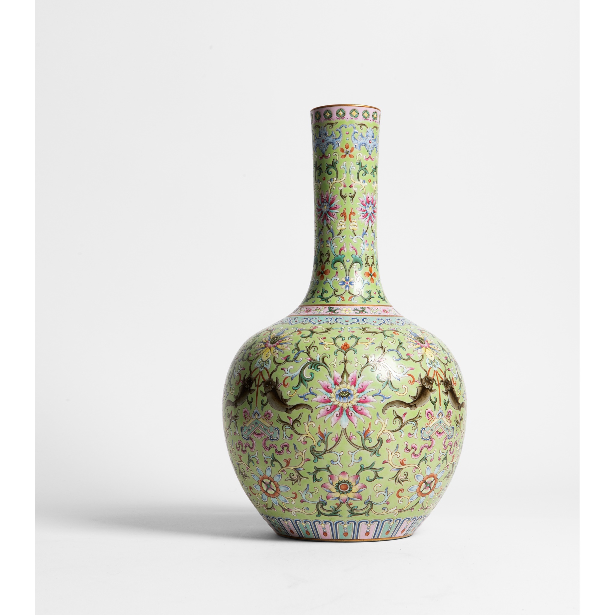 GREEN GROUND FAMILLE ROSE BOTTLE VASE JIAQING MARK AND POSSIBLY OF THE PERIOD